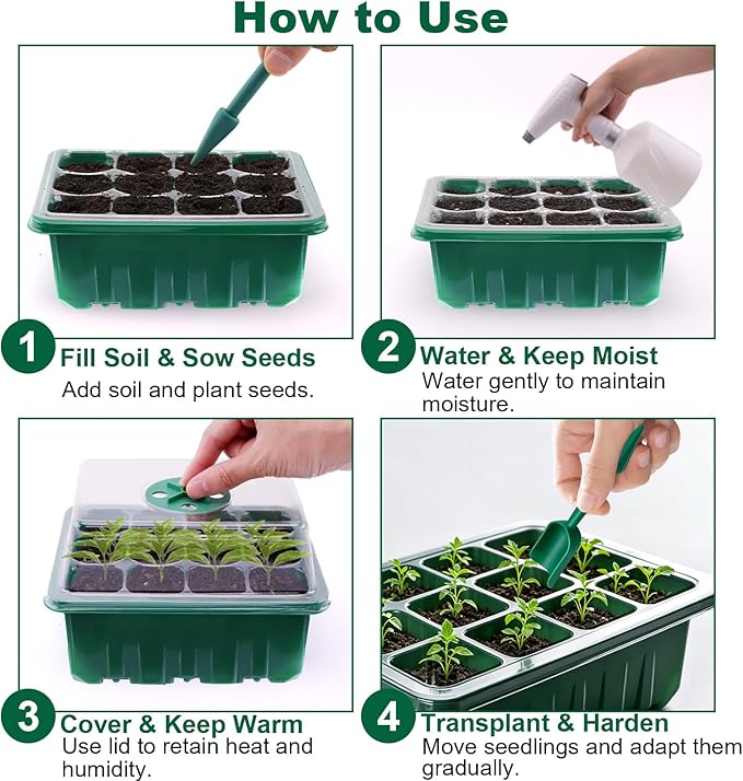 Seed Starter Tray Kit, 12 Pack 144 Cells with Humidity Dome, Reusable Seedling Trays with Drainage Holes, Plant Germination Kit with Labels & Tools for Mini Greenhouse Propagator Indoor Garden