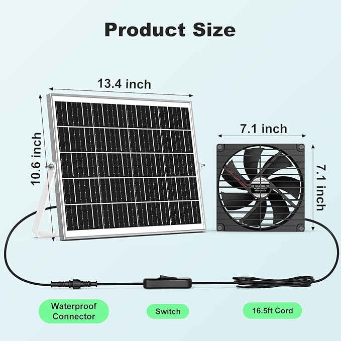 7.1" Solar Greenhouse Fan 2 Pack, 25W x 2 Large Solar Powered Intake and Exhaust Fan Outdoor Waterproof, 16.5 ft Cord, Strong Airflow for Chicken Coop Shed Cabin Circulation and Ventilation