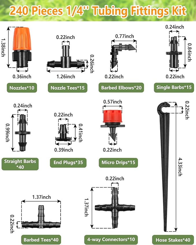 Drip Irrigation Fittings Kit for 1/4 Inch Tubing, 240 Pcs 1/4" Drip Line Barbed Connectors for Drip Systems - Nozzles,Micro Drips,Single Barbs,Tees,Couplings,Cross,End Plugs,Elbows,Hose Stakes
