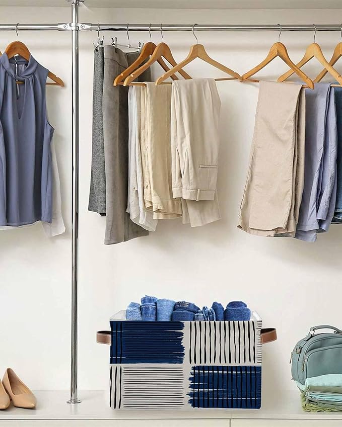 Navy Blue Striped Storage Bins Cubes Waterproof Cloth Storage Basket,Farmhouse Stripes Modern Abstract Art Foldable Storage Bags for Shelf Clothes Storages Organizers with Handles 15x11x9.5 in 2PCS