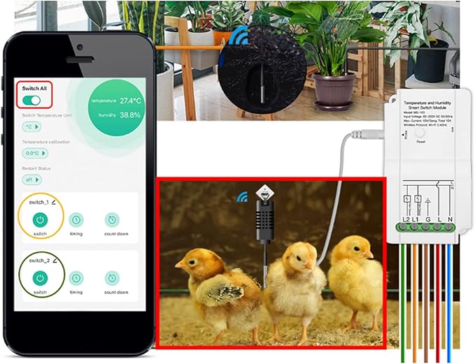 Smart WiFi Temperature Humidity Switch Module with Probe 90 - 250V Dual Relay Output - Remote APP Control, Timing Function for Greenhouse Automation and Home Climate