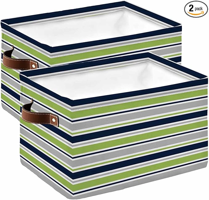 Green Gray Striped Storage Bins Cubes Waterproof Cloth Storage Basket,Farmhouse Stripes Modern Abstract Art Foldable Storage Bags for Shelf Clothes Storages Organizers with Handles 15x11x9.5 in 2PCS