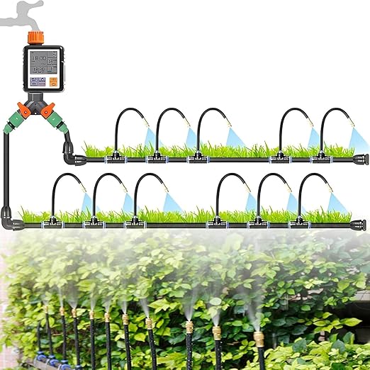 Automatic Drip Irrigation System, Nozzle Drip Irrigation Garden Watering, Greenhouse Drip Irrigation Kit, 360° Adjustable Misting Nozzle, Smart Timer 1Sec - 300 Min, Easy Installation 40m+Controller