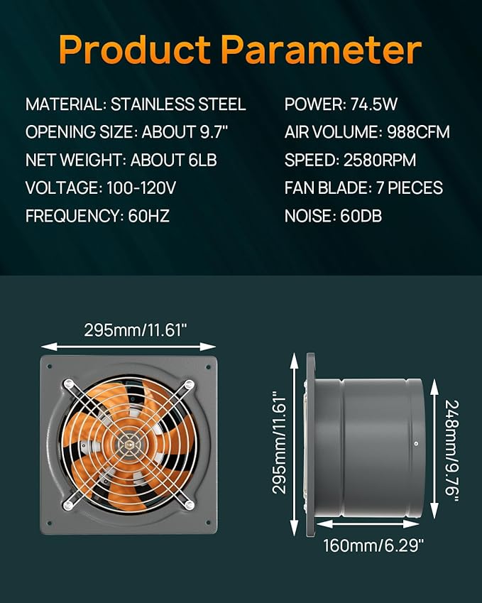 HG Power 10 Inch Exhaust Fan 988 CFM Kitchen Exhaust Fan Wall Mount with Backdraft Damper, Metal Plug In, Extractor Exhaust Ventilation Fan for Attic, Basements, Ceiling, Shop, Greenhouse