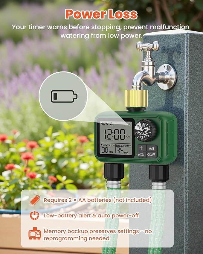 2 Zones Brass Inlet & Outlet Water Timer for Outdoor Garden Hose, Sprinkler Timer for Garden Faucet with Auto/Manual/Rain Delay Mode, Sprinkler Irrigation Controller for Yard Lawn