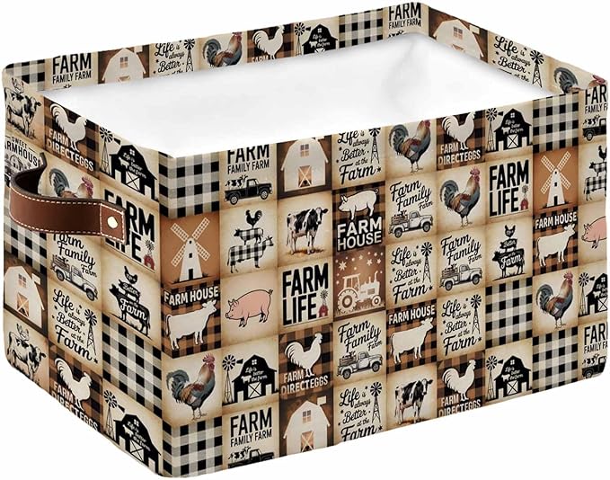 Farmhouse Checkered Storage Bins Cubes Waterproof Cloth Storage Basket, Rustic Retro Farm Life Assembling Foldable Storage Bags for Shelf Closet Clothes Organizers with Handles 15x11x9.5 in 1PCS