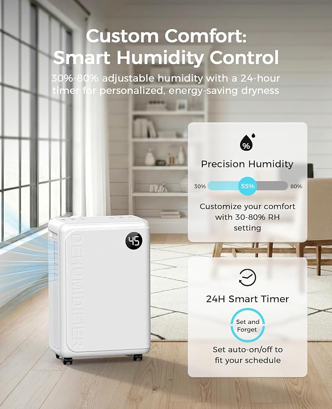 PLUSCENT 32 Pint Dehumidifier for Basement, 2500 sq.ft Dehumidifiers for Home with Drain Hose, 3 Modes, Auto Defrost, 24H Timer, Quiet Smart Humidity Control for Large Room, Bedroom, Bathroom, RV