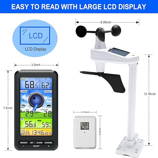 Urageuxy Weather Station Wireless Indoor Outdoor with Remote Sensor, Home Weather Station with Wind Speed/Direction, Indoor/Outdoor Thermometer and Hygrometer for Home, Yard (No WiFi)