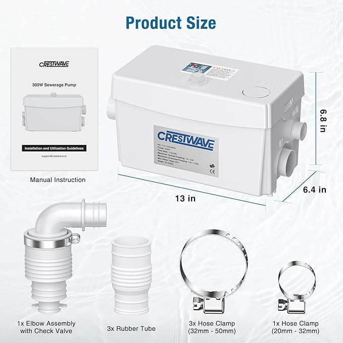 CrestWave Powerful 300W Sink Pump, 23ft Head, 110LPM Flow with 3 Water Inlets - Ideal for Basement, Kitchen, Sink, Shower, Bathtub, Laundry, Waste Water, Boats, RV, Home, Off-Grid Sewage Systems