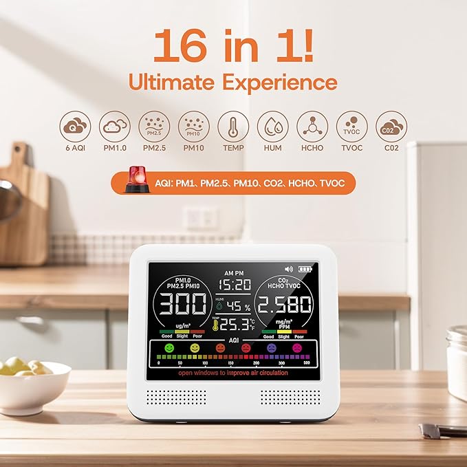 16-in-1 Indoor Air Quality Monitor with PM1.0,PM2.5,PM10,CO2,HCHO,TVOC,Temperature,Humidity,Time Display &7 AQI Alarms – Professional Air Quality Tester for Home, Office & Indoor Use (Ivory White)