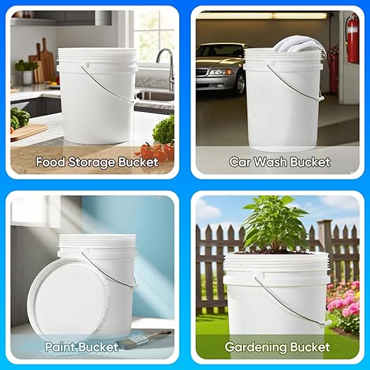 DEMORA 5 Gallon Bucket with Screw Lid, Heavy Duty Plastic Buckets Containers for Food Storage, Plastic Pail with Metal Handle for Water, Cleaning, Car Wash, Paint, Gardening, BPA Free (White, 3 Pack)