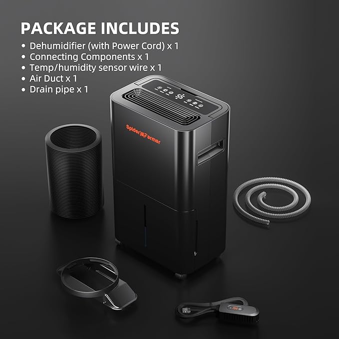 SPIDER FARMER Dehumidifier,38 Pints Plant Dehumidifier with Drain Hose,Temperature & Humidity Sensor Probe,24H Timer Function, Compressor Entfeuchter for Grow Tent,Home and Basement