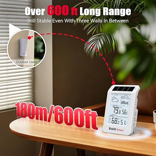 BaldrTherm Outdoor Indoor Thermometer Wireless Weather Station, Dual-Zone Childroom Temp Humidity Monitor, Auto Smart Backlight,Temp/Humidity/Barometric Trend Visualization, White&White