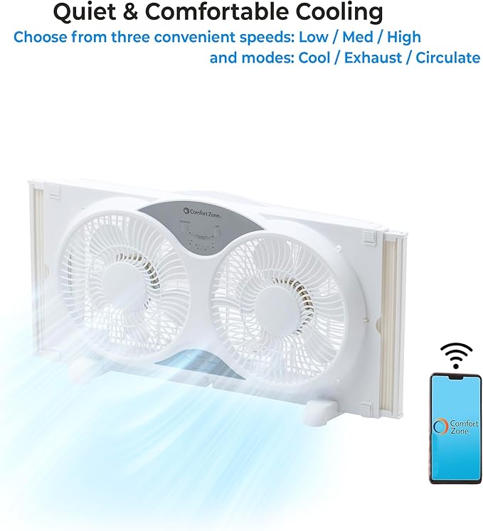 Comfort Zone 9-Inch Smart WiFi Twin Window Fan – 3-Speed Dual Blade Fan with App & Voice Control, Reversible Exhaust, Cooling & Circulate Modes, Expandable 23.5" to 37", Bug Screen