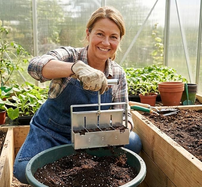 Soil Blocker 4 Cell 2 Inch – Heavy Duty Stainless Steel Soil Block Maker with Ergonomic Handle & 3 Size Seed Pins – Handheld Soil Blocker for Seed Starting, Greenhouse, Garden Tools