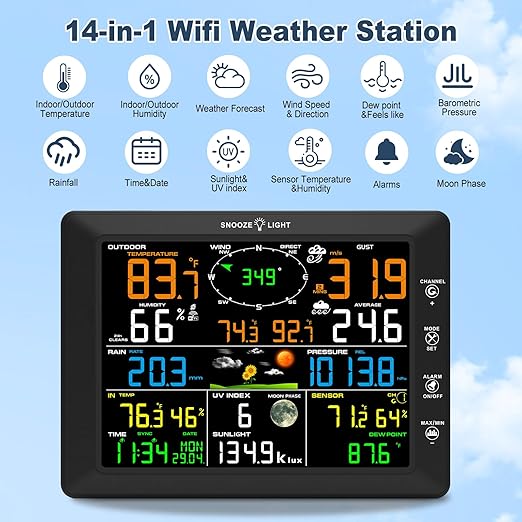 Urageuxy 14-in-1 Wi-Fi Weather Station, 8.07" Color Display, Weather Stations with Rain Gauge, Wind Speed/Direction, Temperature, Humidity, Barometer, UV, Forecast for Home, Garden, and Backyard