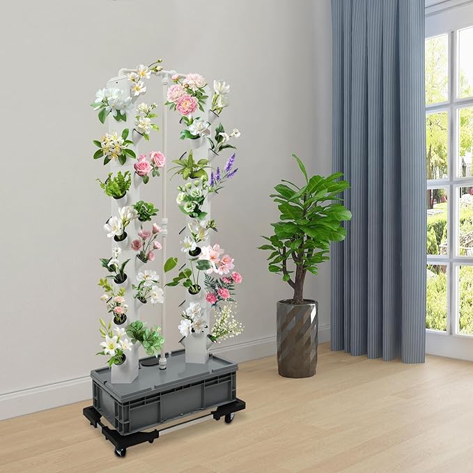56-Plant Hydroponic Tower Growing System Indoor Outdoor, Garden Vertical Planter Germination Kit with Pump & Wheels, Hydroponics Growing Tower, Smart Vertical Hydroponic Garden Towers, Grey Base