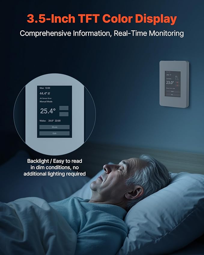 VEVOR 7-Day Programmable Thermostat Gray-White (Without WiFi) - for Radiant Underfloor Heating Cable & Heat Pump, GFCI & Sensitive Sensor, TFT Color Touch Display, Energy-Efficient