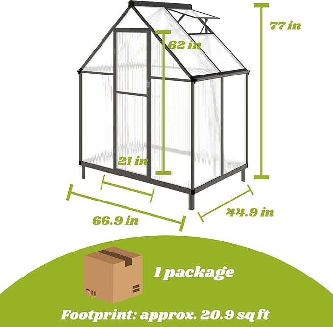 6 x 4 FT Greenhouse for Outdoors, Polycarbonate Greenhouse with Quick Setup Structure and Roof Vent, Aluminum Large Walk-in Green House for Outside Garden Backyard, Charcoal Black