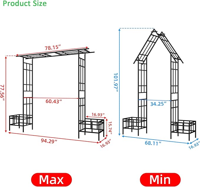 Adjustable Metal Garden Arch with Planters, Heavy Duty Galvanized Steel Arbor for Climbing Plants, Outdoor Pergola Trellis for Rose, Vine, Ivy, Wedding Arch Decoration