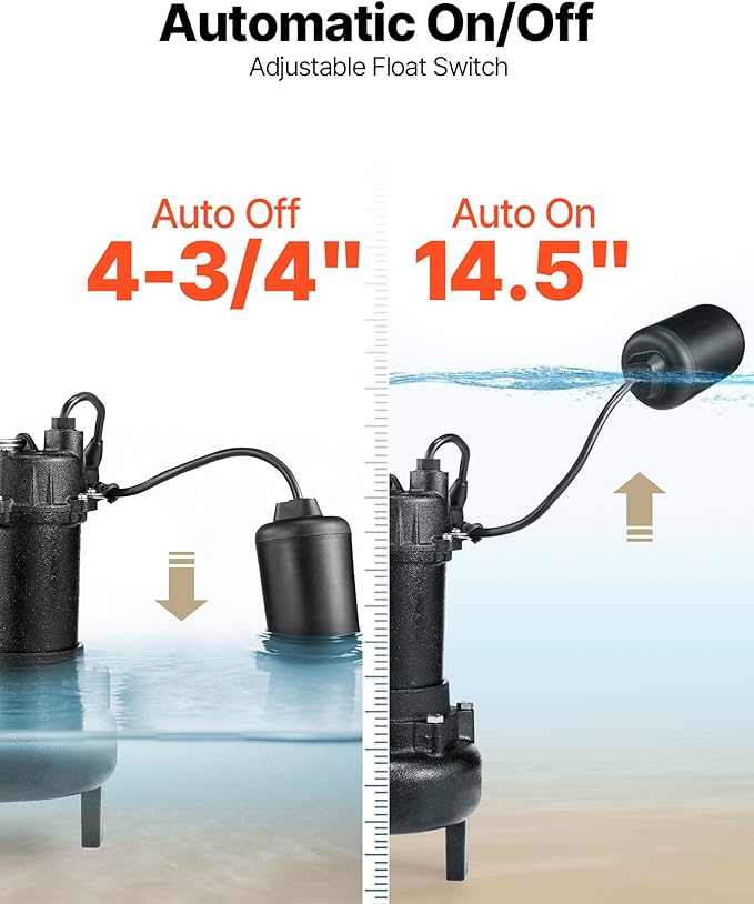 VEVOR Submersible Sewage Pump, 1 HP, 5200 GPH Cast Iron Sewage/Effluent Pump with Automatic Tethered Float Switch, 2-Inch NPT Discharge, 120V, 25 ft Max Lift, for Basement, Septic Tank, Residential