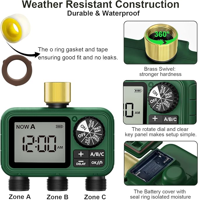 3 Zones Brass Inlet Water Timer for Outdoor Garden Hose, Sprinkler Timer for Garden Faucet with Auto/Manual/Rain Delay Mode, Sprinkler Irrigation Controller for Yard Lawn