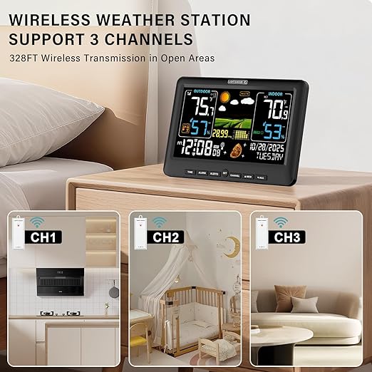BluSon Weather Station Wireless Indoor Outdoor Thermometer, Color Display Digital Temperature Humidity Monitor with Atomic Clock, Weather Forecast, Adjustable Backlight, Home Weather Statio, Black
