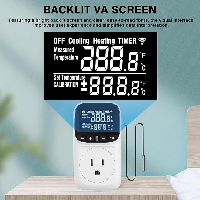 WiFi Digital Temperature Controller, Plug in Thermostat Outlet with Duration Timer & Smart Memory, -40℉~212℉, 16A/1800W, IP67 Waterproof Probe for Incubator, Homebrew, Reptile.