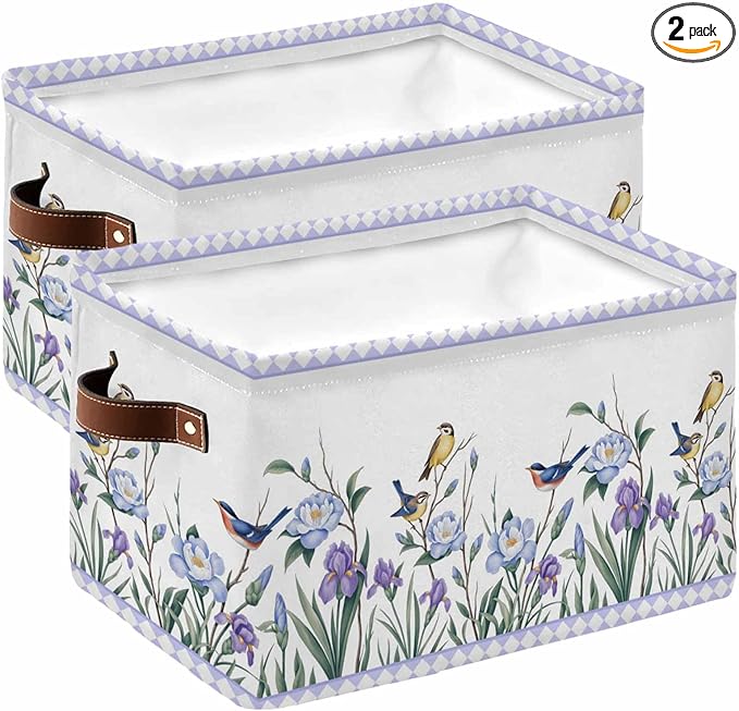 Spring Flowers Storage Bins Cubes Waterproof Cloth Storage Basket,Vintage Blue Floral Leaves Birds Rustic Plants Foldable Storage Bags for Shelf Storages Organizers with Handles 15x11x9.5 in 2PCS