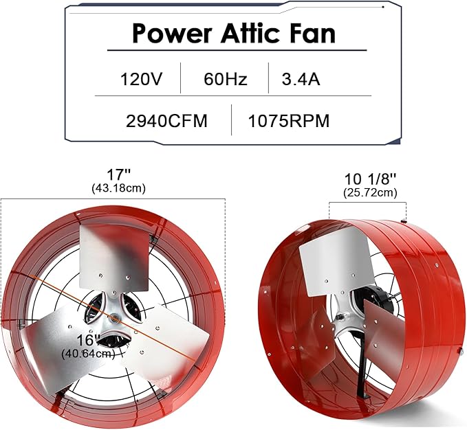 Hiorucet Gable Vent Fan with Adjustable Thermostat, 2940CFM 3750 SQF High Speed Low Noise Gable Mount Attic Exhaust Fan, 16 Inch Fan Blade and Permanently Lubricated Motor.