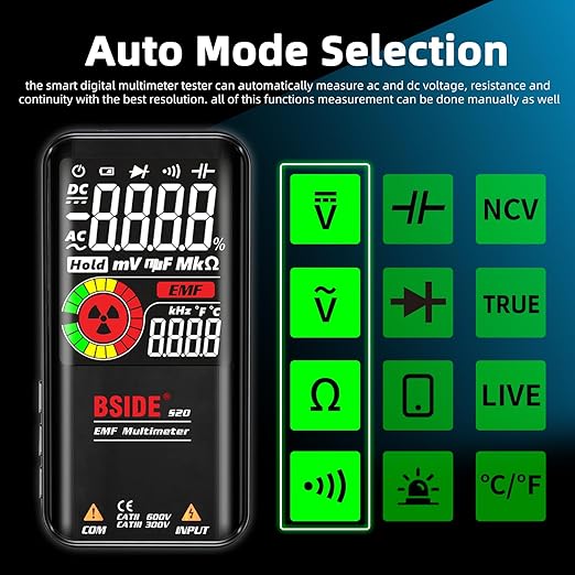 BSIDE Digital Multimeter Color LCD 3 Results Display 9999 Counts Auto Range Voltmeter, Rechargeable with EMF Detector, Capacitance Ohm Hz Diode Live Check Voltage Tester
