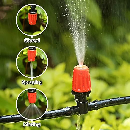 50pcs Garden Irrigation Spray Emitter, Adjustable 360 Degree Flow Micro Spray Nozzle with 1/4" Barbed Tee Fittings,Drip Irrigation Head for Garden Watering System,Drip Irrigation Kit Parts