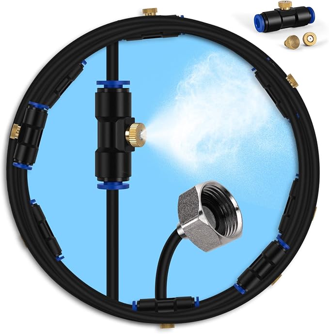 lifeegrn Misters for Outside Patio, Outdoor Misting System for Patio, 60 FT Misting Line+15 Mist Nozzles+3/4" Brass Adapter, Outdoor Mister System for Patio Garden Trampoline Greenhouse