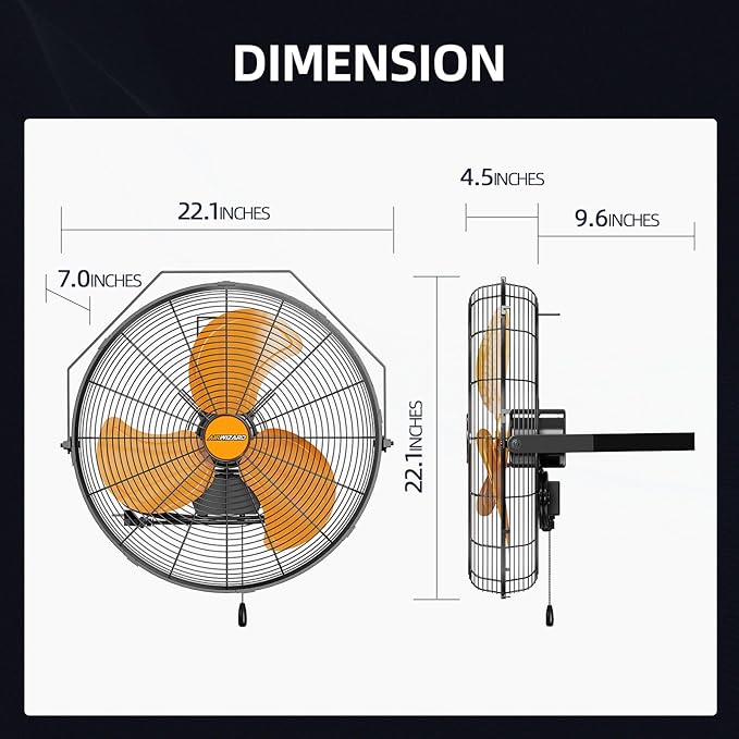 18 inch Industrial Wall-Mount Fan, 4250 CFM High Velocity Metal Commercial Fan, 3 Speed, Adjustable Tilt, for Garage, Greenhouse, Covered Patio, Workshop, Gym Room, Basement