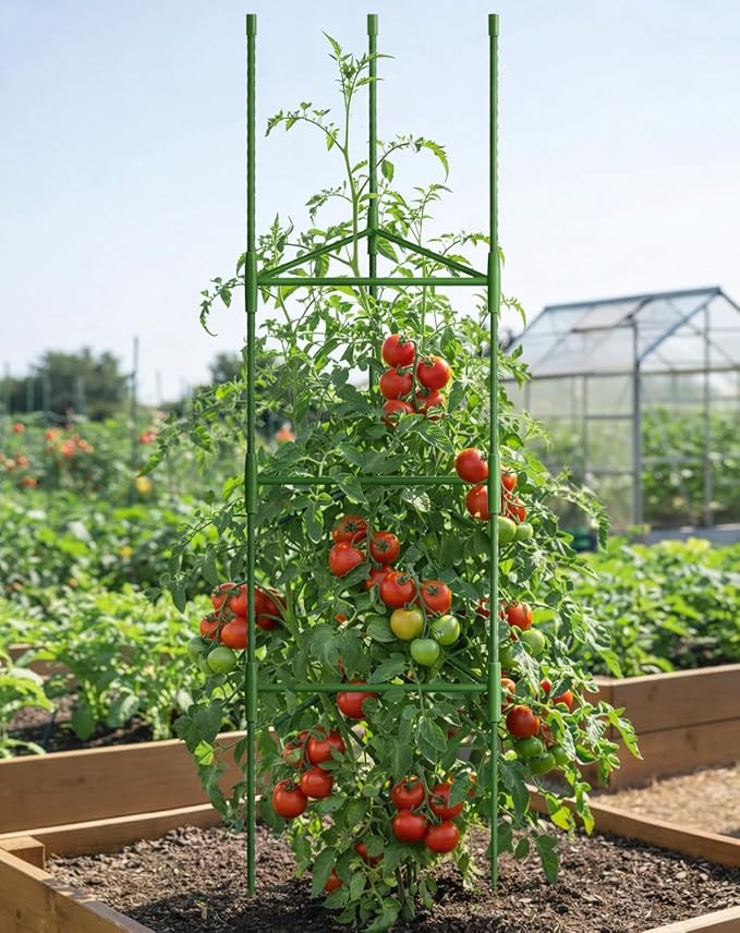 Growsun 51 inch Tomato Cage Heavy-Duty Plant Support Cucumber & Vine Vegetables – Adjustable Green Metal Garden Trellis for Climbing Plants, Indoor & Outdoor Use, 6 Pack