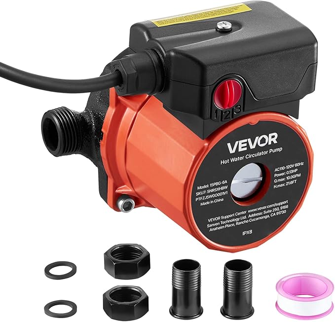 VEVOR Hot Water Recirculating Pump, 10 GPM, Instant Circulation Circulator Pump System, 3-Speed Control, 0.13 HP, 110-120V, NPT 3/4 in to NPT 1/2 in Adapter, Cast Iron Head, for Water Heater System