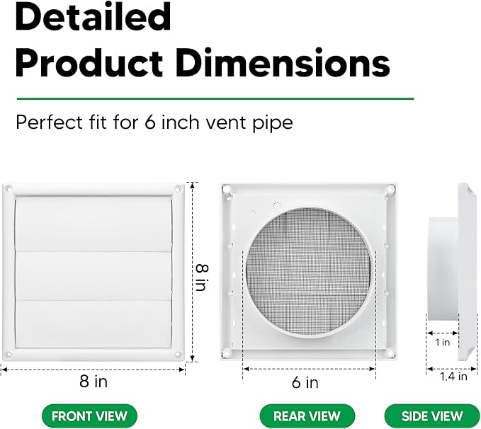 Funmit 6" Louvered Vent Cover 8" x 8" Oversize Outside Dimensions for 6 inches Dia Exterior Wall Vent Hood Outlet Airflow Vent Dryer Air Vent (White)
