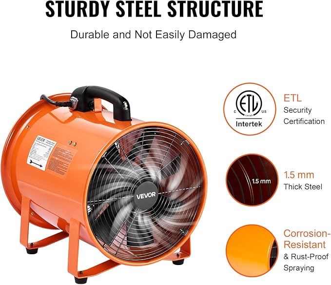 VEVOR Portable Ventilator with Hose, 2 Speed, 12 Inch Utility Blower Exhaust Fan with 33ft Flexible Duct, 367W 2894CFM High Velocity Industrial Air Mover for Extraction and Ventilation
