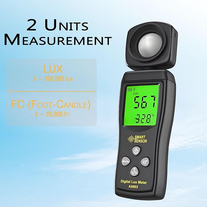 Digital Light Meter, Backlit LCD Display Lux/Foot Candles Meter with 180º Rotating Sensor, Range up to 200,000 Lux Luxmeter,for Photography Plants Lighting Intensity Brightness Measurement