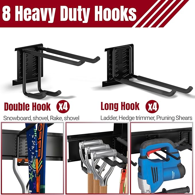 99" Garage Tool Organizer Wall Mount, 28 Pack Heavy Duty Wall Mount Garage Storage Rack Carries1000 lbs, Metal Wall Mount Tool Hanger for Shovels, Rakes, Fits 16" Wall Studs (6 Panels)