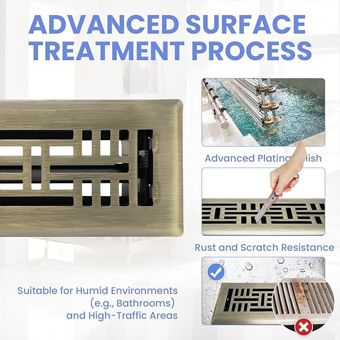 Howeall 2x10 Inches 2 Pack Heavy Duty Walkable Floor Register Easy Adjust Air Supply Lever Floor Vents - Seattle Design - Vent Cover for Home Floor - Antique Brass