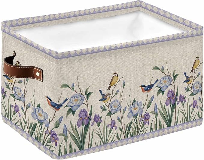 Spring Flowers Storage Bins Cubes Waterproof Cloth Storage Basket,Vintage Floral Leaves Birds Farmhouse Plaid Foldable Storage Bags for Shelf Clothes Storages Organizers with Handles 15x11x9.5 in 1PCS