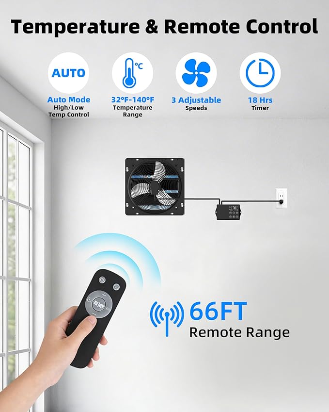 Upgraded 12" Shutter Exhaust Fan with Thermostat & Remote, 980 CFM High-Speed Wall Mounted Attic Vent Fan with Thermostat, Quiet Cooling Ventilation for Garage, Greenhouse, Chicken Coop