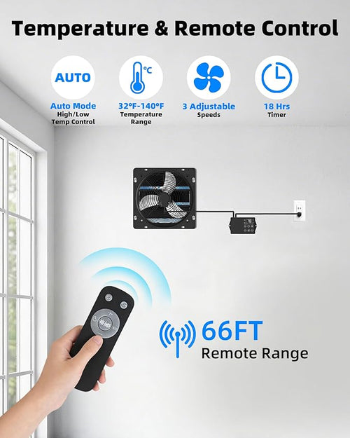 12'' Upgraded Shutter Exhaust Fan with Thermostat & Remote, 980 CFM Wall Mounted Attic Exhaust Fan, Auto On/Off by Temperature for Garage, Greenhouses, Sheds, Chicken Coops & Basement