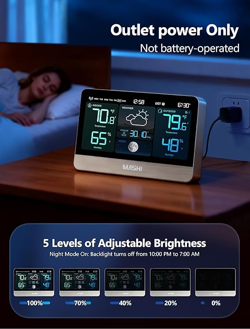 MASHI Weather Station with 8.8" Color Display, Wireless Indoor Outdoor Thermometer Hygrometer, Atomic Clock, Accurate Weather Forecast, 5-Level Brightness,Easy for Seniors, Bedroom, Garden, Kitchen