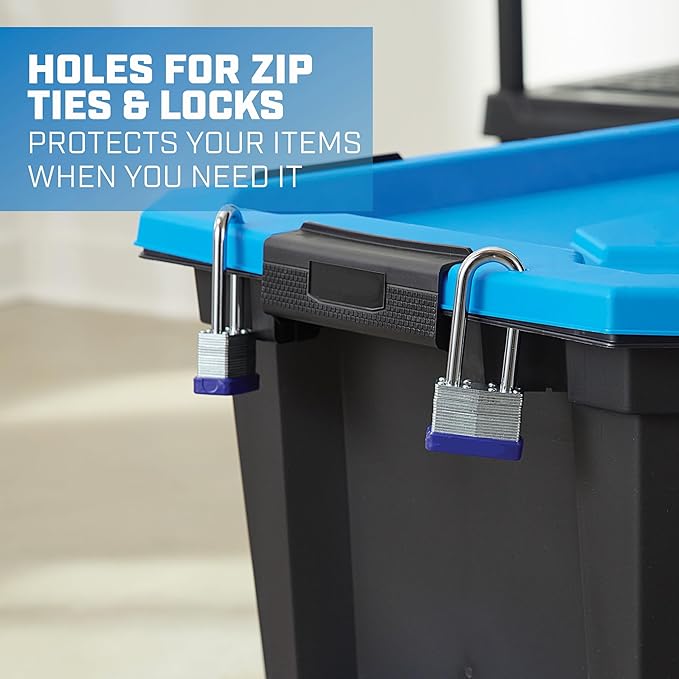 24 Gallon Waterproof Storage Bin with Latching Lid, Heavy Duty Plastic Tote for Garage, Basement, Attic, and Outdoor Storage – Dustproof, Stackable,Secure Locking Buckles,Black with Blue Lid, BPA-Free