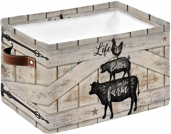 Farmhouse Animals Storage Bins Cubes Waterproof Cloth Storage Basket, Rooster Pig Cattle Vintage Wood Plank Foldable Storage Bags for Shelf Closet Clothes Organizers with Handles 15x11x9.5 in 1PCS