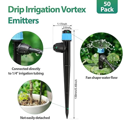 RedChili 50 Pieces Drip Emitters for 1/4" Drip Irrigation Tubing, Adjustable 360 Degree Vortex Drip Emitters with Stake 360° Full Circle Fan Shape Pattern Garden Irrigation Micro Drippers