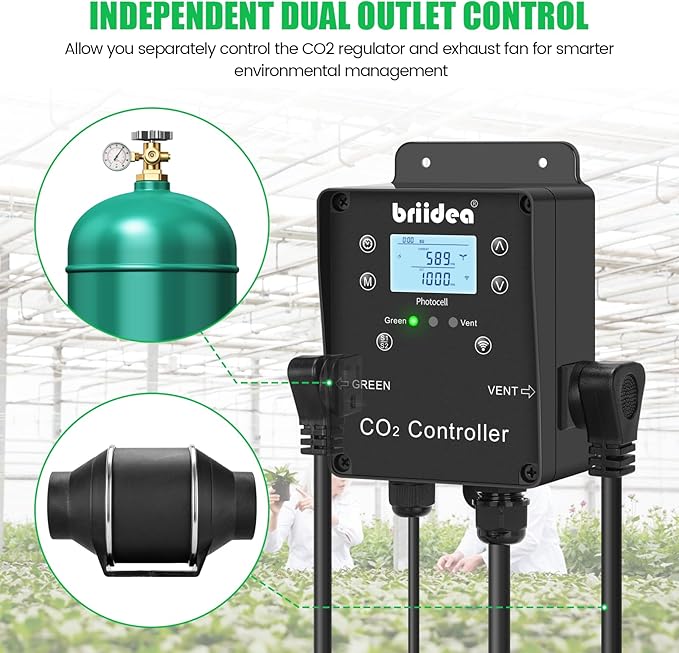 Briidea Wi-Fi CO2 Controller for Grow Tent, Two-Plug System for CO2 Regulatos and Inline Exhaust Fans, Smart Environmental WiFi-Controller to Adjusts CO2 for Grow Tents, Grow Rooms, Greenhouses