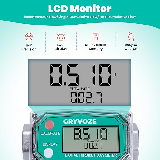 3/4 Inch Digital Turbine Fuel Flow Meter, 0.8-13.2 GPM Inline NPT Thread Flowmeter for Water, Diesel, Gas Oil, Gasoline, Kerosene, Methanol, and Other Liquids-Supports Gallon, QTS, PTS, L, m³